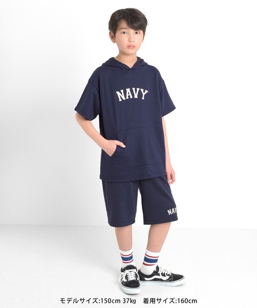 GLAZOS（グラソス）の「ミニ裏毛・カレッジプリント5分袖ビッグパーカー【セットアップ対応】（パーカー・キッズ・ネイビー/オートミール・170cm/140cm/160cm/150cm）」の5枚目の写真