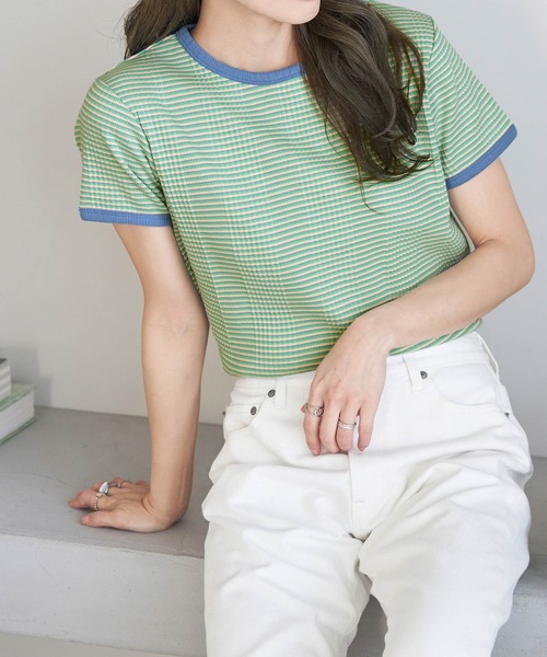 ROPE' PICNIC(ロペピクニック)の「リンクコーデ/マルチボーダーリンガーTシャツ(Tシャツ/カットソー・レディース・ブルー/ラベンダー/ライトグリーン・38)」の2枚目の写真