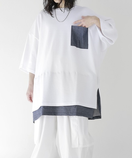 minsobi(ミンソビ)の「半袖デニムレイヤード風トップス(Tシャツ/カットソー・メンズ・ホワイト/ブラック・FREE)」の11枚目の写真