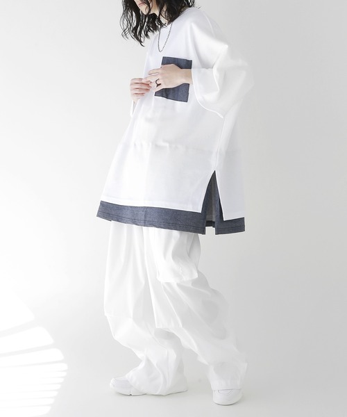 minsobi(ミンソビ)の「半袖デニムレイヤード風トップス(Tシャツ/カットソー・メンズ・ホワイト/ブラック・FREE)」の4枚目の写真