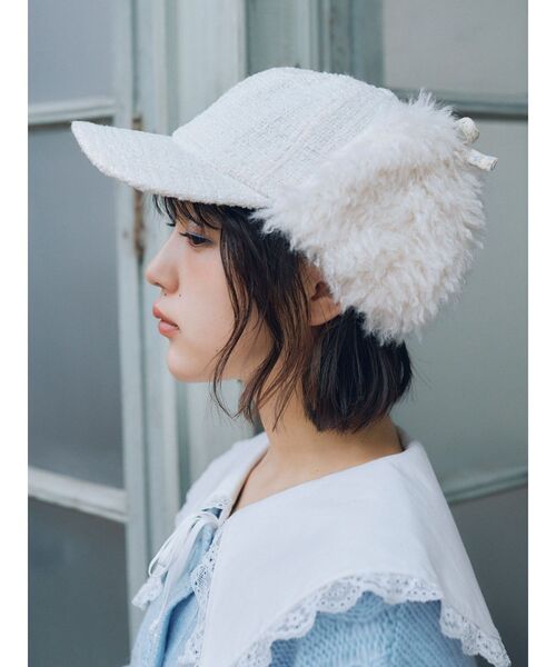 merry jenny（メリージェニー）の「【なえなのコラボ】ツイードフライトCAP（キャップ・レディース・ブラック/アイボリー・FREE）」の6枚目の写真