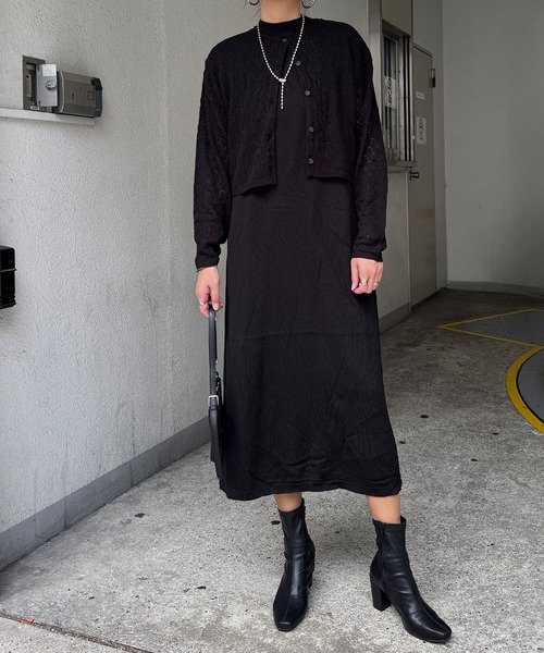 LBC(エルビーシー)の「【2点セット】透かし編みカーデセットニットワンピ(ワンピース・レディース・ダークオリーブ/ブラック/ネイビー・M)」の21枚目の写真