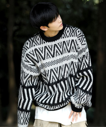 【neos -addictive design-】ルーズシルエット ジャガード 総柄 クルーネック ニット プルオーバー