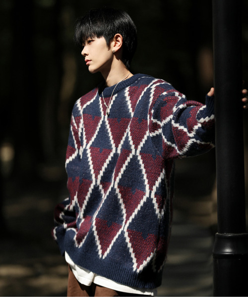 neos(ネオス)の「【neos -addictive design-】ルーズシルエット ジャガード 総柄 クルーネック ニット プルオーバー(ニット/セーター・メンズ・ネイビー/マスタード/ワインレッド/ブルー/グレー/ライトブラック/グリーン/テラコッタ/ブラック/ベージュ・LARGE/X-LARGE/MEDIUM)」の10枚目の写真