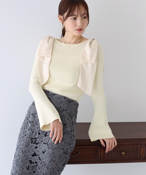 BLUEEAST（ブルーイースト）の「ショルダーリボンフレアリブニット（ニット/セーター・レディース・ブラック/ピンクベージュ/オフホワイト/ブラック×ブラック・MEDIUM）」の12枚目の写真