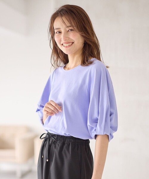 ANY(エニィ)の「シルケットスムース タックスリーブプルオーバー(Tシャツ/カットソー・レディース・ネイビー系/スモーキーグリーン系/ブルー系/ベージュ系/オールドローズ系/アイボリー系・4)」の6枚目の写真
