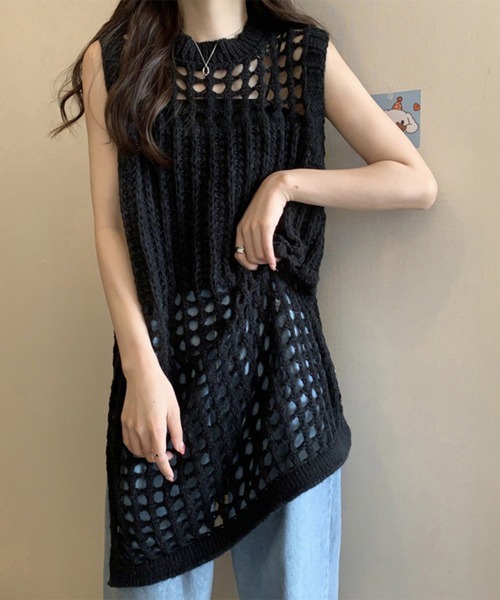 Miniministore(ミニミニストア)の「メッシュサマーニットワンピース スリット(ベスト・レディース・アイボリー/ダークグレー/ピンク/グリーン/ブラウン/イエロー/ブラック/ミント・FREE)」の1枚目の写真