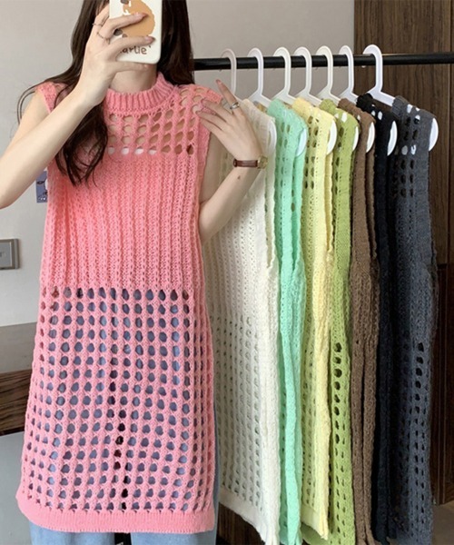 Miniministore(ミニミニストア)の「メッシュサマーニットワンピース スリット(ベスト・レディース・アイボリー/ダークグレー/ピンク/グリーン/ブラウン/イエロー/ブラック/ミント・FREE)」の17枚目の写真
