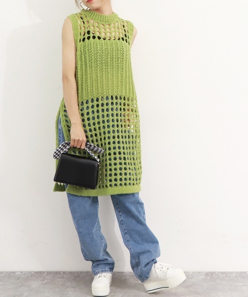 Miniministore(ミニミニストア)の「メッシュサマーニットワンピース スリット(ベスト・レディース・アイボリー/ダークグレー/ピンク/グリーン/ブラウン/イエロー/ブラック/ミント・FREE)」の18枚目の写真