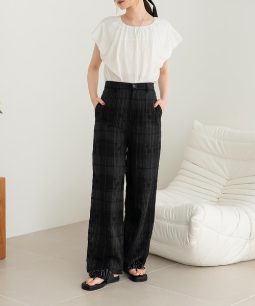 hinari（ヒナリ）の「シアーチェックパンツ（その他パンツ・レディース・ホワイト/ベージュ/ブラック・X-SMALL/SMALL/FREE）」の2枚目の写真