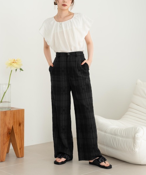 hinari（ヒナリ）の「シアーチェックパンツ（その他パンツ・レディース・ホワイト/ベージュ/ブラック・X-SMALL/SMALL/FREE）」の6枚目の写真