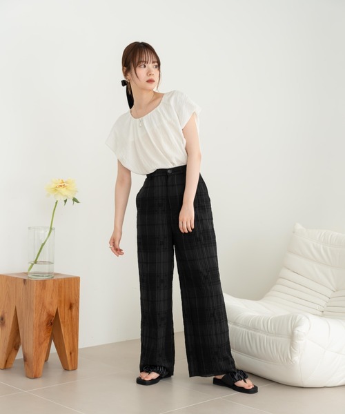 hinari（ヒナリ）の「シアーチェックパンツ（その他パンツ・レディース・ホワイト/ベージュ/ブラック・X-SMALL/SMALL/FREE）」の14枚目の写真