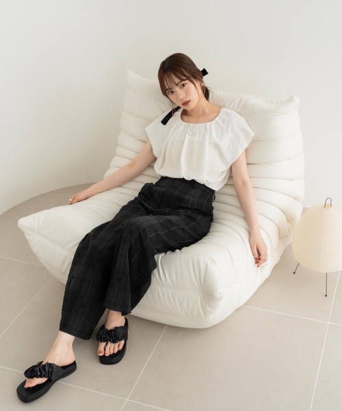 hinari（ヒナリ）の「シアーチェックパンツ（その他パンツ・レディース・ホワイト/ベージュ/ブラック・X-SMALL/SMALL/FREE）」の7枚目の写真