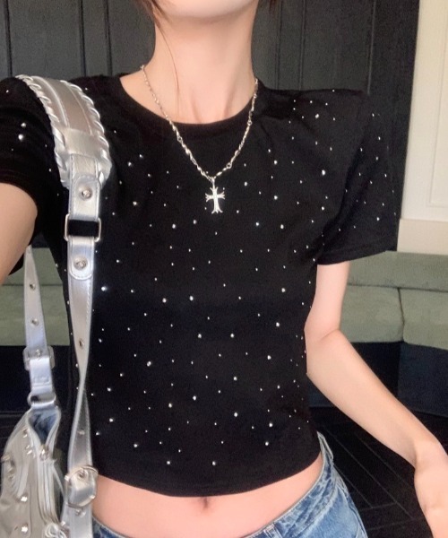 セール】秋SALE激安中/ラインストーンショートトップス（Tシャツ