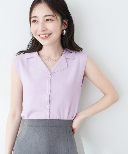 natural couture（ナチュラルクチュール）の「開襟ノースリニットTOPS（タンクトップ・レディース・ブラック/オフホワイト/グリーン/ラベンダー/グレイッシュベージュ・FREE）」の5枚目の写真