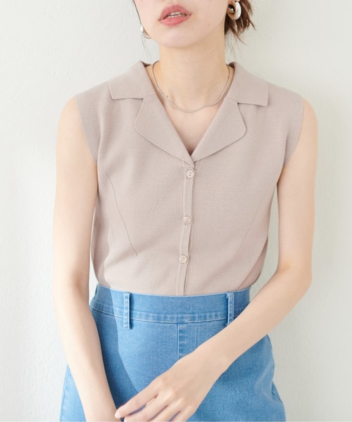 natural couture（ナチュラルクチュール）の「開襟ノースリニットTOPS（タンクトップ・レディース・ブラック/オフホワイト/グリーン/ラベンダー/グレイッシュベージュ・FREE）」の3枚目の写真