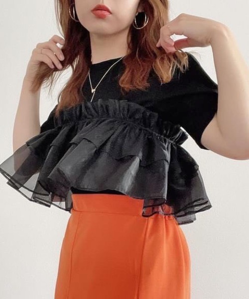 each（イーチ）の「【SETアイテム】オーガンジーフリルカラー＋シルケット半袖Tシャツ（アンサンブル・レディース・ブラック/ホワイト・FREE）」の8枚目の写真