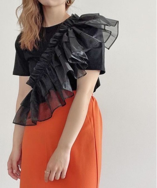 each（イーチ）の「【SETアイテム】オーガンジーフリルカラー＋シルケット半袖Tシャツ（アンサンブル・レディース・ブラック/ホワイト・FREE）」の9枚目の写真