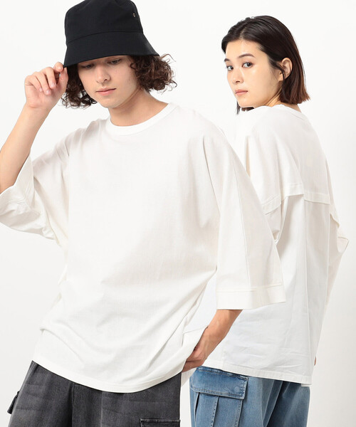 Purple&Yellow(パープルアンドイエロー)の「布帛切替6分袖ドルマンスリーブTシャツ(Tシャツ/カットソー・メンズ・ホワイト/ブラック/カーキ・SMALL/MEDIUM)」の1枚目の写真