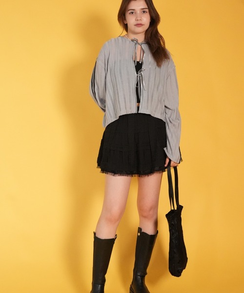 HOOK(フック)の「【HOOK】for girls 袖リボンライン前後2WAY透かしカーディガン (SS)(カーディガン/ボレロ・レディース・ブルー/グレー/ブラック×ホワイト・XL/L/M)」の11枚目の写真