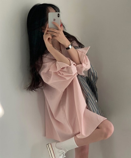 Mela(メラ)の「HEART BUTTON BIG SHIRTS(シャツ/ブラウス・レディース・グリーン/ピンク/ホワイト/ネイビー・FREE)」の19枚目の写真