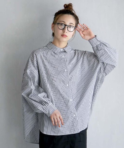 e-zakkamania stores(イーザッカマニアストアーズ)の「バックギャザー ボリュームスリーブ ブラウス(シャツ/ブラウス・レディース・アイボリー/ブラック/ストライプ・フリー)」の12枚目の写真