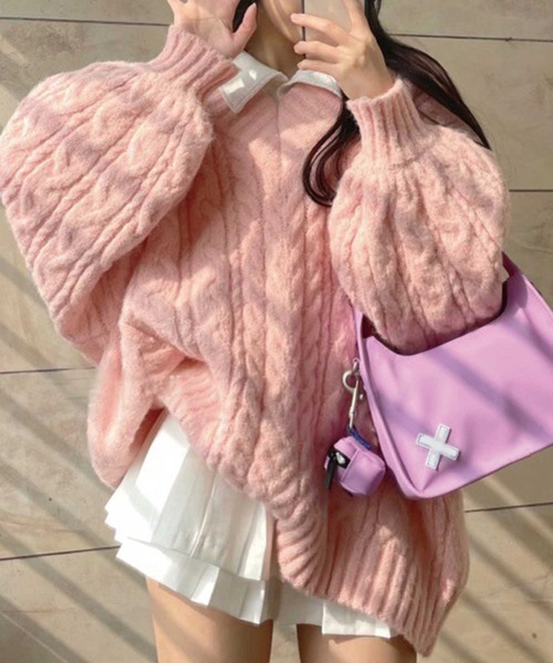 SPIGA（スピーガ）の「Vﾈｯｸなわ編みｵｰﾊﾞｰｻｲｽﾞﾆｯﾄ（ニット/セーター・レディース・グレー/ピンク/ライトグリーン/アイボリー/オレンジ/ブルー/グリーン・FREE）」の6枚目の写真