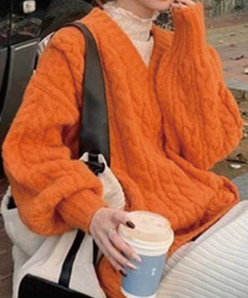 SPIGA（スピーガ）の「Vﾈｯｸなわ編みｵｰﾊﾞｰｻｲｽﾞﾆｯﾄ（ニット/セーター・レディース・グレー/ピンク/ライトグリーン/アイボリー/オレンジ/ブルー/グリーン・FREE）」の7枚目の写真