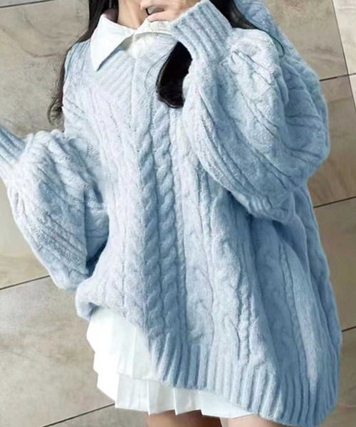 SPIGA（スピーガ）の「Vﾈｯｸなわ編みｵｰﾊﾞｰｻｲｽﾞﾆｯﾄ（ニット/セーター・レディース・グレー/ピンク/ライトグリーン/アイボリー/オレンジ/ブルー/グリーン・FREE）」の5枚目の写真