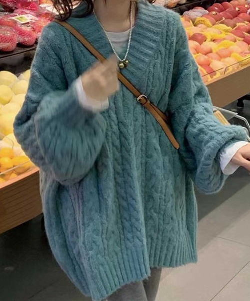 SPIGA（スピーガ）の「Vﾈｯｸなわ編みｵｰﾊﾞｰｻｲｽﾞﾆｯﾄ（ニット/セーター・レディース・グレー/ピンク/ライトグリーン/アイボリー/オレンジ/ブルー/グリーン・FREE）」の3枚目の写真