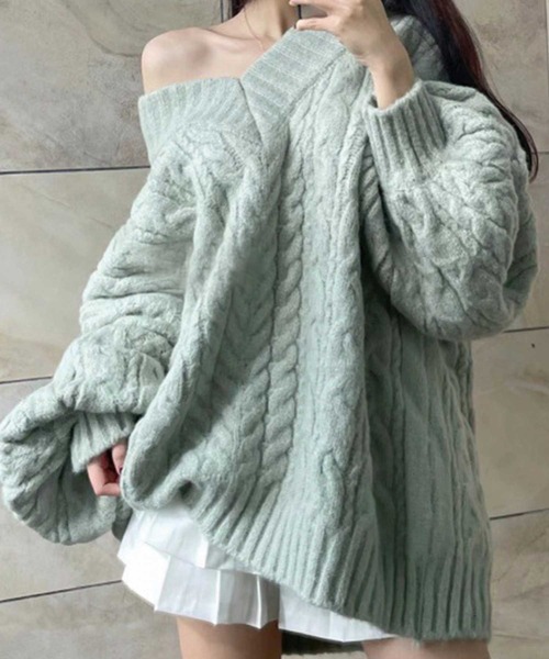 SPIGA（スピーガ）の「Vﾈｯｸなわ編みｵｰﾊﾞｰｻｲｽﾞﾆｯﾄ（ニット/セーター・レディース・グレー/ピンク/ライトグリーン/アイボリー/オレンジ/ブルー/グリーン・FREE）」の4枚目の写真