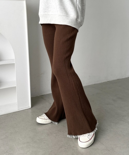 CLEA（クレア）の「フリルレースリブニットパンツ（その他パンツ・レディース・アイボリー/グレー/ブラック/ライトグレー/ブラウン・FREE）」の5枚目の写真