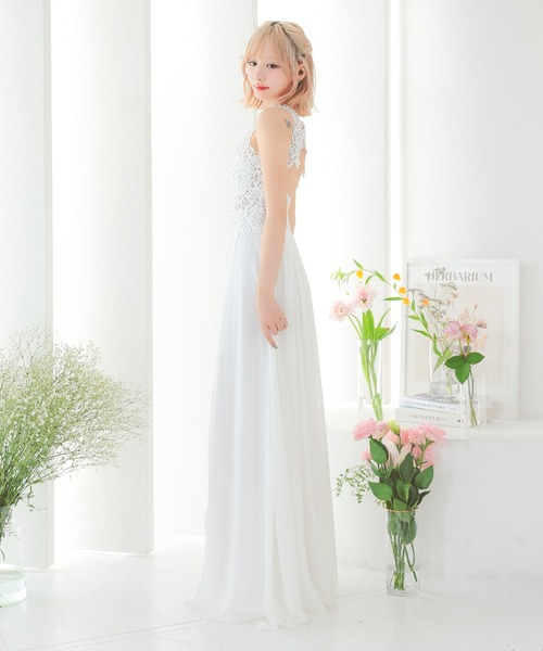パーティドレス ビジュー ノースリーブ レース ロング スリット SALE!ビジューロングドレス/スリッド/ノースリーブ/谷間見せ