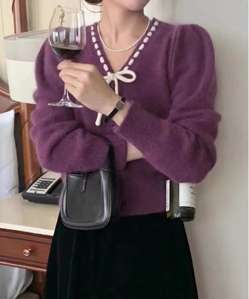 WEGO（ウィゴー）の「WEGO/ステッチリボンショートパフスリーブニット（ニット/セーター・レディース・パープル/レッド/ホワイト/ブラック・FREE）」の4枚目の写真