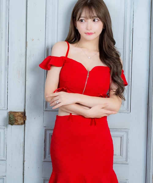 Tika(ティカ)の「キャバドレス セットアップ ミニ タイト 肩あき フロントジップ リボン ストレッチ 裾フリルドレス(ドレス・レディース・アイボリー/ピンク/レッド・LARGE/MEDIUM/SMALL/X-LARGE)」の21枚目の写真