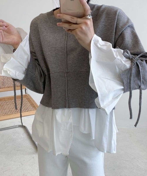 袖ﾌﾚｱ裾ﾄﾞｯｷﾝｸﾞﾚｲﾔｰﾄﾞﾆｯﾄﾄｯﾌﾟｽ（ニット/セーター）｜CADBURY（キャドバリー）