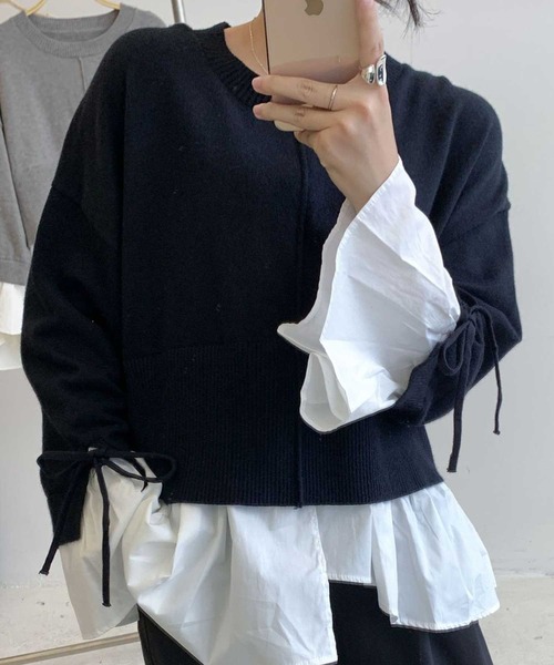 袖ﾌﾚｱ裾ﾄﾞｯｷﾝｸﾞﾚｲﾔｰﾄﾞﾆｯﾄﾄｯﾌﾟｽ（ニット/セーター）｜CADBURY（キャドバリー）