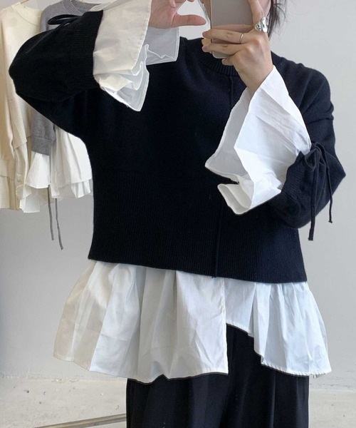 袖ﾌﾚｱ裾ﾄﾞｯｷﾝｸﾞﾚｲﾔｰﾄﾞﾆｯﾄﾄｯﾌﾟｽ（ニット/セーター）｜CADBURY（キャドバリー）