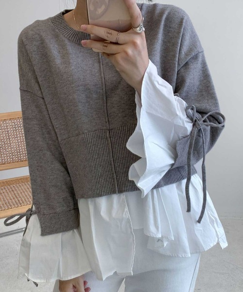 袖ﾌﾚｱ裾ﾄﾞｯｷﾝｸﾞﾚｲﾔｰﾄﾞﾆｯﾄﾄｯﾌﾟｽ（ニット/セーター）｜CADBURY（キャドバリー）