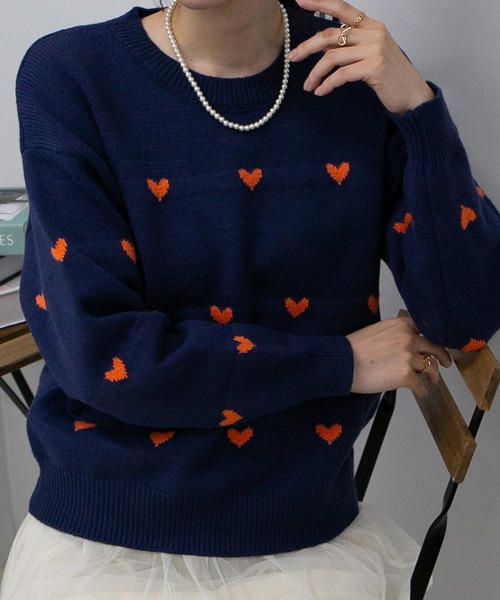 pumpkin port（パンプキンポート）の「ハート柄ニット トップス（ニット/セーター・レディース・ブラック/ネイビー/アイボリー/グレー・M）」の4枚目の写真
