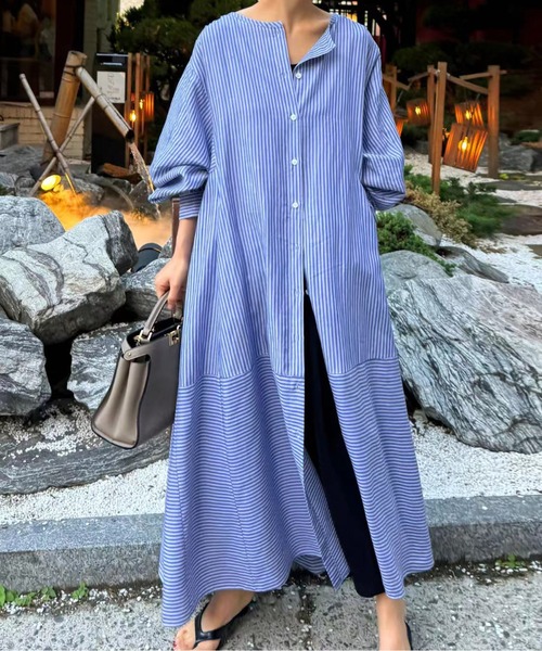 切り替えストライプロングシャツワンピ－ス（シャツワンピース
