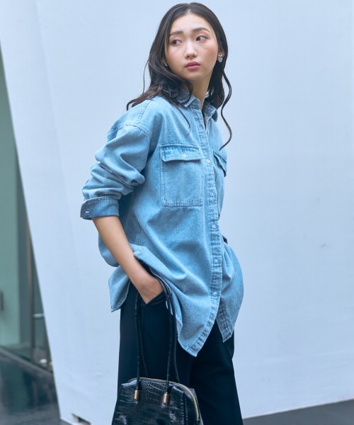 slattgir(スラットジール)の「高身長 デニムシャツ(トールサイズ)Essenave(シャツ/ブラウス・レディース・キナリ/ブルー系/ブラック/ネイビー・TM/TL/TLL/T3L/T4L/T5L)」の14枚目の写真