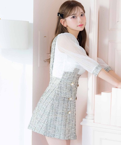 韓国ファッション ワンピース 七分袖 シアーレース サロペット風 ハイウエスト切替 ツイード フレア ミニ キャバドレス (Sサイズ～Lサイズ)