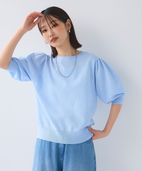 CROSS FUNCTION（クロスファンクション）の「《洗える》サマナチュラ パフスリーブ半袖ニット【CF/クロスファンクション】（ニット/セーター・レディース・アイボリー/サックスブルー/ブラック・LL/L/M）」の6枚目の写真