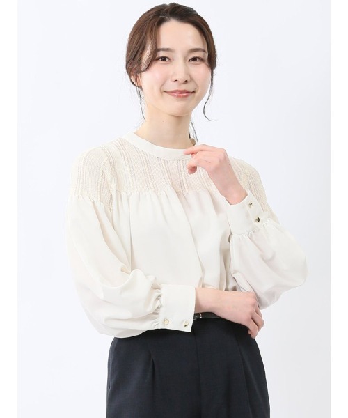 m.f.editorial(エムエフエディトリアル)の「【ハンドウォッシャブル】m.f.エディトリアル レディース レースサテン 長袖プルオーバーブラウス(シャツ/ブラウス・レディース・ブラック/ホワイト・LARGE/MEDIUM)」の1枚目の写真