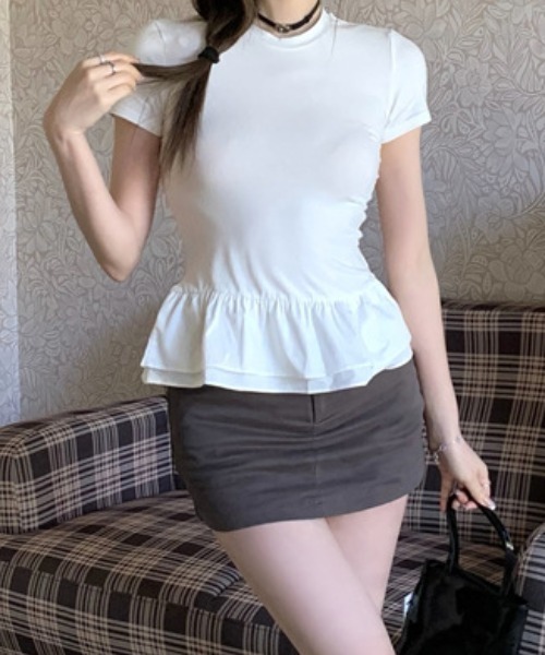 SHEPP(シープ)の「裾切り替え フリル コンパクト Tシャツ(Tシャツ/カットソー・レディース・ホワイト/ブラック・F)」の5枚目の写真