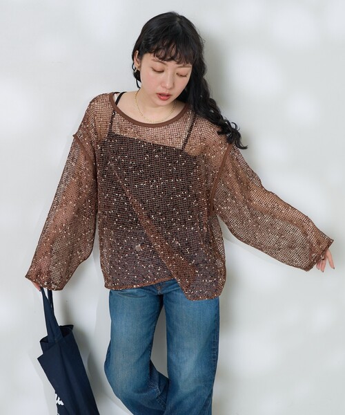 FREAK'S STORE（フリークスストア）の「ネップメッシュトップス/シアートップス（Tシャツ/カットソー・レディース・ブラック/ブラウン/ベージュ・ﾌﾘ-）」の9枚目の写真