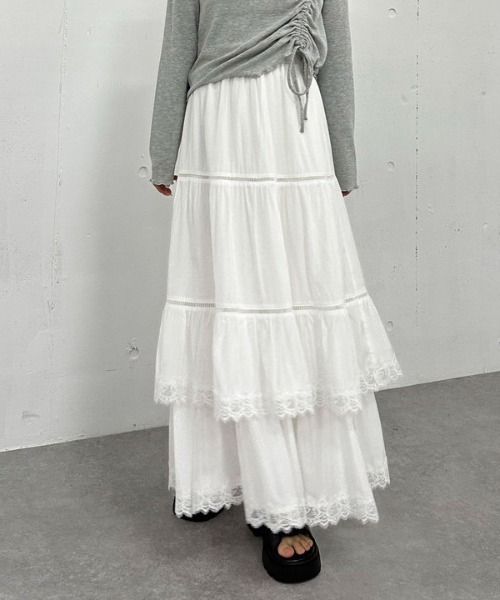 archives（アルシーヴ）の「レーストリミングティアードスカート（スカート・レディース・オフホワイト/ブラック・MEDIUM）」の3枚目の写真
