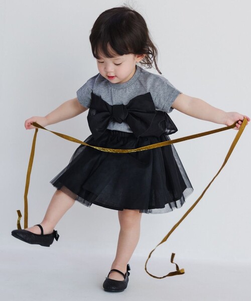 BRANSHES(ブランシェス)の「【b.+A】金子綾/リボンドッキング半袖Tシャツ(Tシャツ/カットソー・キッズ・ブラック/杢グレー/オフホワイト・110/100/90/120/130/140/150)」の3枚目の写真