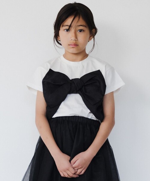 BRANSHES(ブランシェス)の「【b.+A】金子綾/リボンドッキング半袖Tシャツ(Tシャツ/カットソー・キッズ・ブラック/杢グレー/オフホワイト・110/100/90/120/130/140/150)」の2枚目の写真